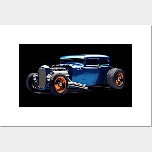 Classic Blue Hot Rod Custom Car Retro Style Hot Rod Vintage Custom Car Posters and Art